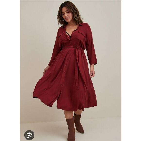 Torrid Challis Midi Shirt Dress Plus Size 3X Burgundy Red Pockets Long Sleeve - Picture 1 of 6